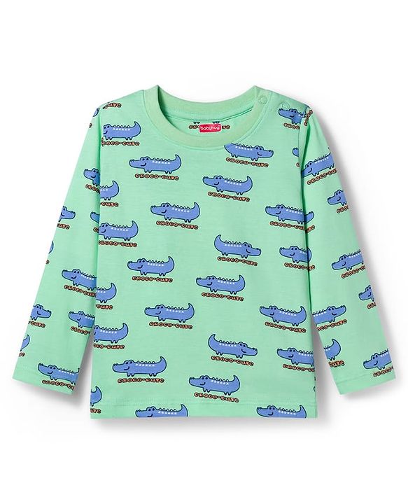 Babyhug Cotton Knit Full Sleeves Co-ords Night Suit with Crocodile Print - Green