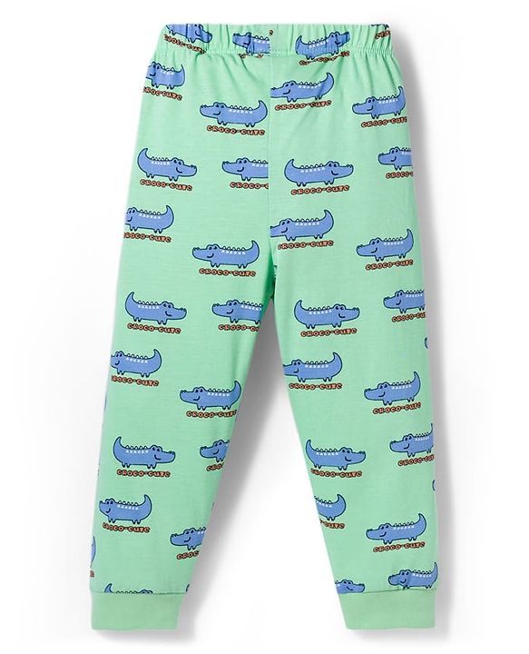 Babyhug Cotton Knit Full Sleeves Co-ords Night Suit with Crocodile Print - Green