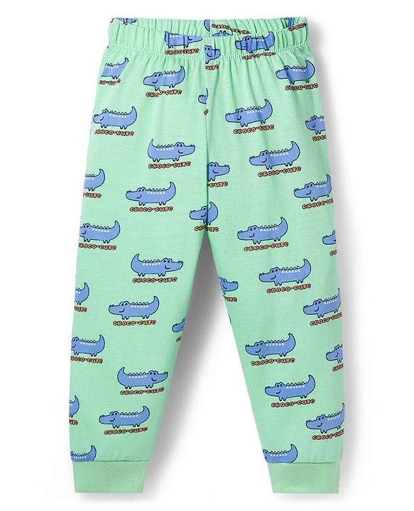 Babyhug Cotton Knit Full Sleeves Co-ords Night Suit with Crocodile Print - Green