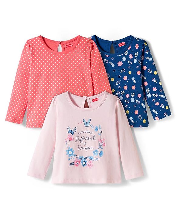 Babyhug 100% Cotton Knit Full Sleeves T-Shirts With Floral & Polka Dot Print Pack of 3 - Pink Peach & Navy Blue