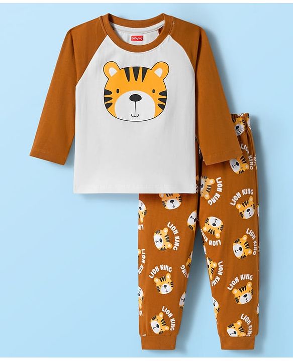 Babyhug Cotton Knit Full Raglan Sleeves Night Suit With Tiger Print - Brown & White