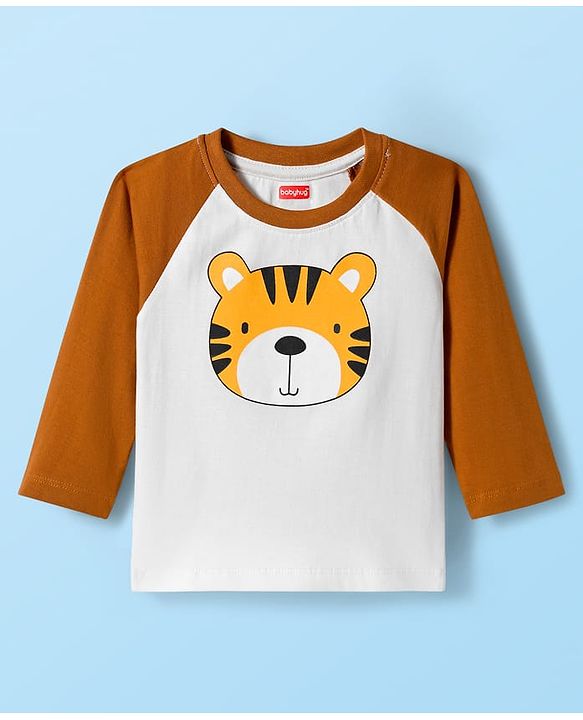 Babyhug Cotton Knit Full Raglan Sleeves Night Suit With Tiger Print - Brown & White