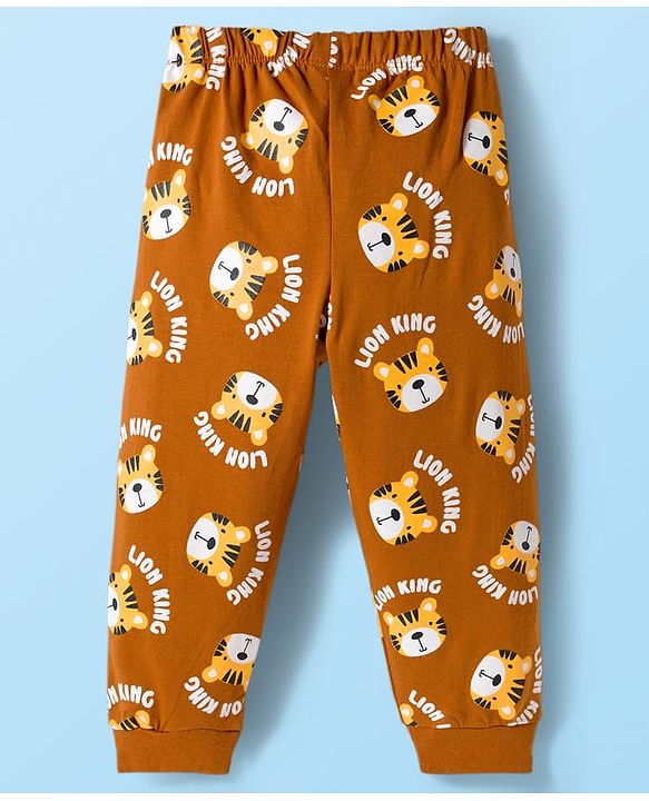 Babyhug Cotton Knit Full Raglan Sleeves Night Suit With Tiger Print - Brown & White