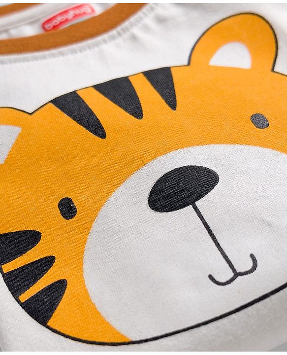 Babyhug Cotton Knit Full Raglan Sleeves Night Suit With Tiger Print - Brown & White