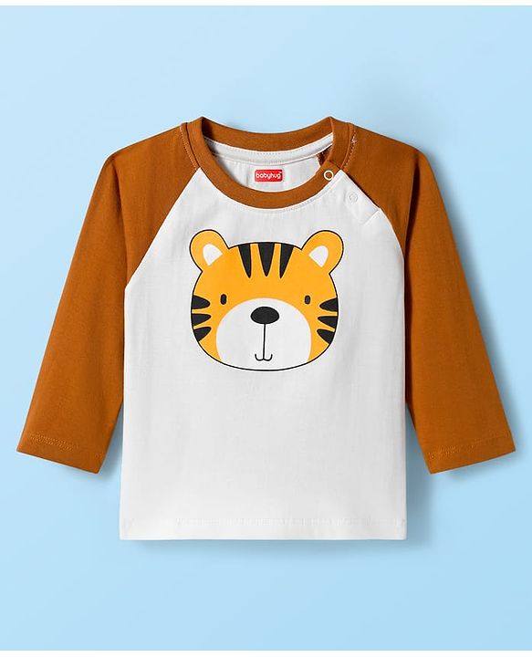 Babyhug Cotton Knit Full Raglan Sleeves Night Suit With Tiger Print - Brown & White