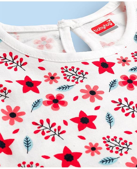 Babyhug 100% Cotton Knit Full Sleeves T-Shirt With Floral Print - White