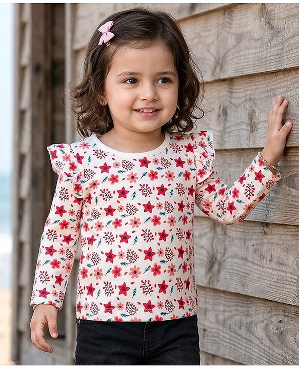 Babyhug 100% Cotton Knit Full Sleeves T-Shirt With Floral Print - White