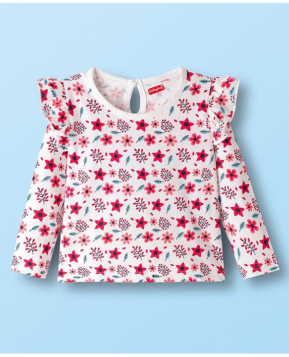Babyhug 100% Cotton Knit Full Sleeves T-Shirt With Floral Print - White
