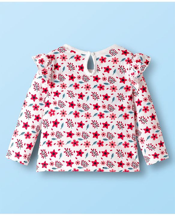 Babyhug 100% Cotton Knit Full Sleeves T-Shirt With Floral Print - White