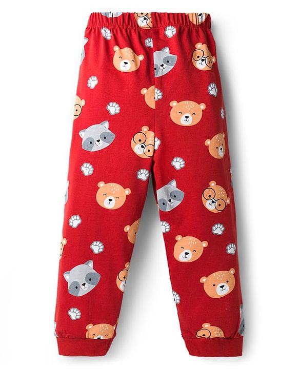 Babyhug Cotton Knit Full Sleeves Night Suit With Animal Print - Maroon