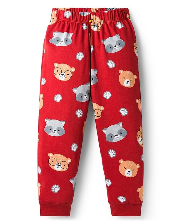 Babyhug Cotton Knit Full Sleeves Night Suit With Animal Print - Maroon