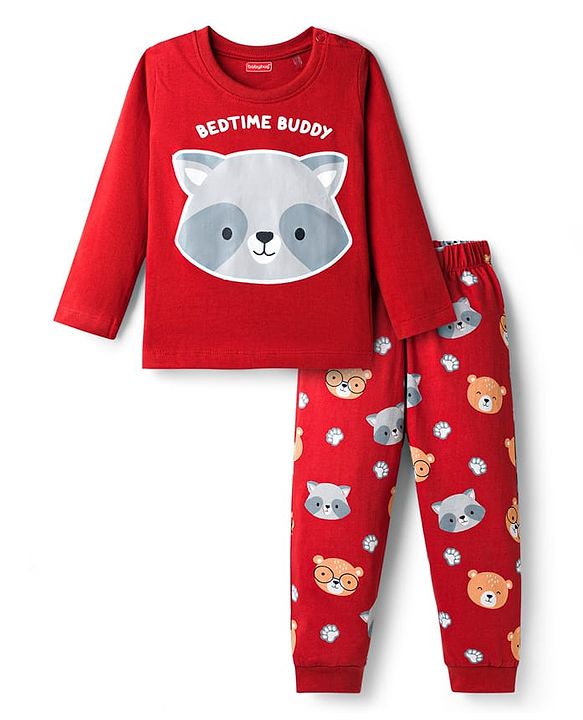 Babyhug Cotton Knit Full Sleeves Night Suit With Animal Print - Maroon