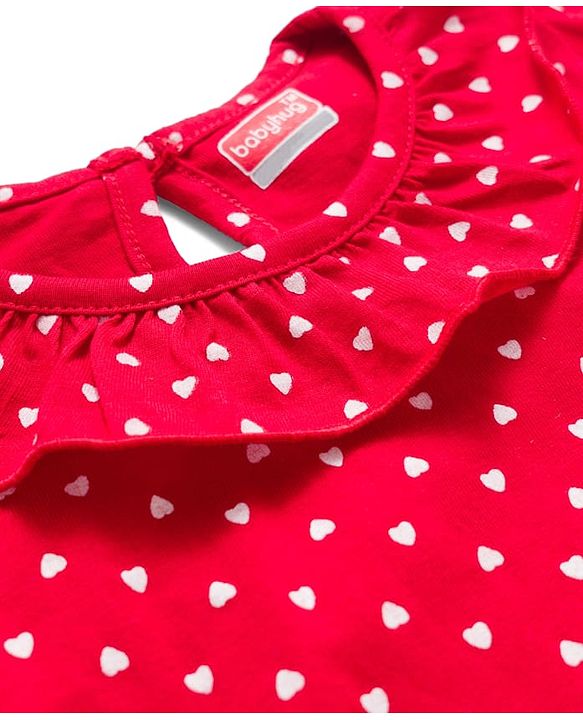 Babyhug 100% Cotton Knit Full Sleeves T-Shirt With Heart Print - Red