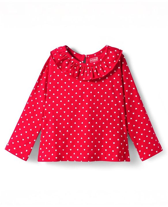 Babyhug 100% Cotton Knit Full Sleeves T-Shirt With Heart Print - Red
