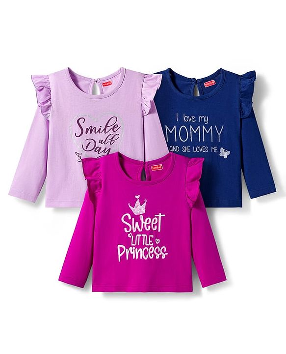 Babyhug 100% Cotton Knit Full Sleeves T-Shirts with Sweet Little Princess & Frill Detailing Pack of 3 - Pink Plum & Navy Blue