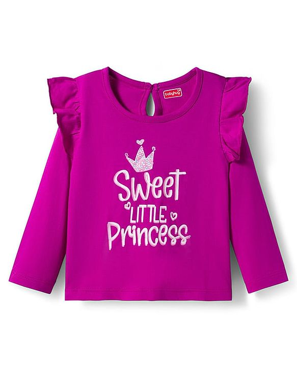 Babyhug 100% Cotton Knit Full Sleeves T-Shirts with Sweet Little Princess & Frill Detailing Pack of 3 - Pink Plum & Navy Blue
