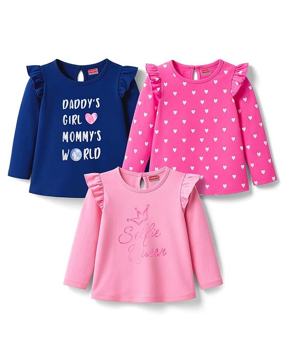 Babyhug 100% Cotton Knit Full Sleeves T-Shirt with Heart & Text Print Pack of 3 - Navy Blue & Pink