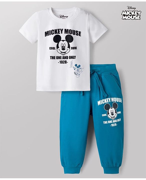 Babyhug Disney Single Jersey Knit Half Sleeves T-Shirt & Joggers Set With Mickey Mouse Graphic - White