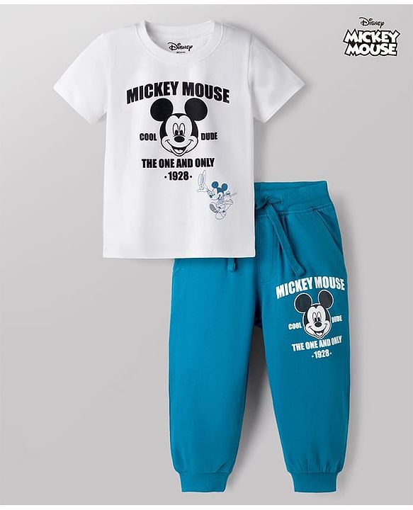 Babyhug Disney Single Jersey Knit Half Sleeves T-Shirt & Joggers Set With Mickey Mouse Graphic - White