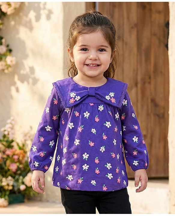 Babyhug 100% Cotton Knit Full Sleeves Top with Floral Print - Purple