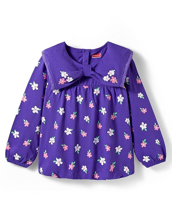 Babyhug 100% Cotton Knit Full Sleeves Top with Floral Print - Purple