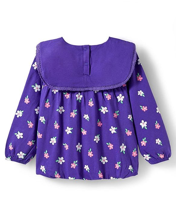 Babyhug 100% Cotton Knit Full Sleeves Top with Floral Print - Purple