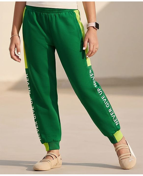 Pine Kids Knit Full Length Lounge Pant With Text Print - Green