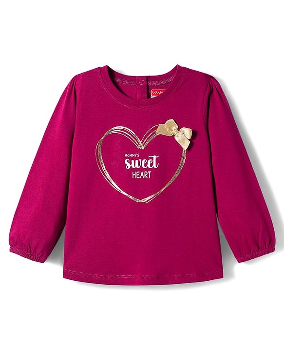 Babyhug 100% Cotton Knit  Full Sleeves T-Shirt with Mommy's Sweetheart Text Print with Bow Applique - Red