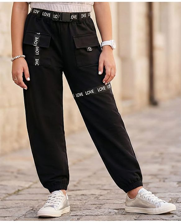 Pine Kids Knit Full Length Lounge Pant With Text Print - Black