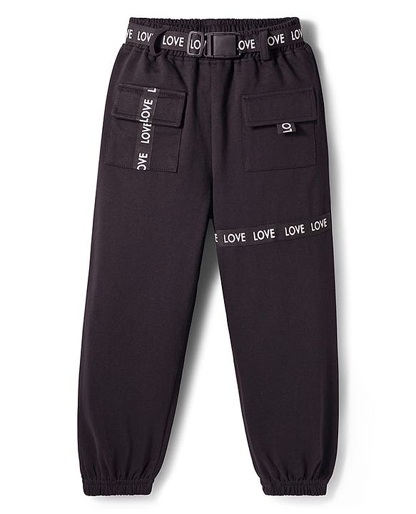 Pine Kids Knit Full Length Lounge Pant With Text Print - Black