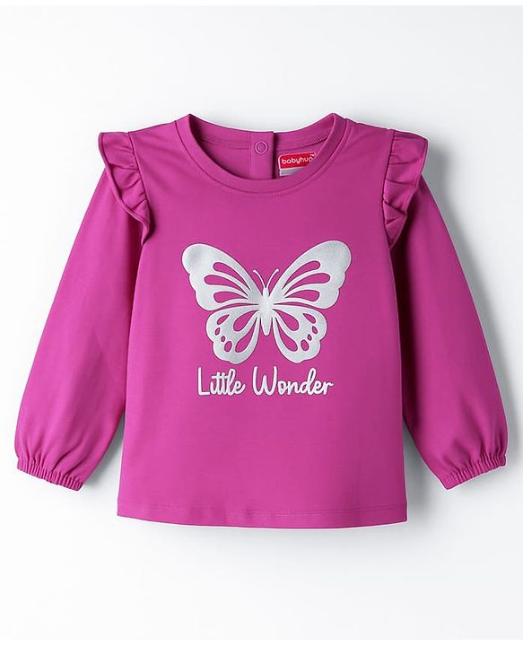 Babyhug 100% Cotton Knit Full Sleeves T-Shirt with Butterfly Graphic & Frill Detailing - Pink