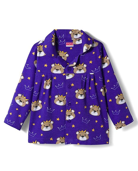 Babyhug Cotton Knit Full Sleeves Co-ords Night Suit With Animal Print - Navy Blue