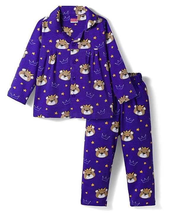 Babyhug Cotton Knit Full Sleeves Co-ords Night Suit With Animal Print - Navy Blue