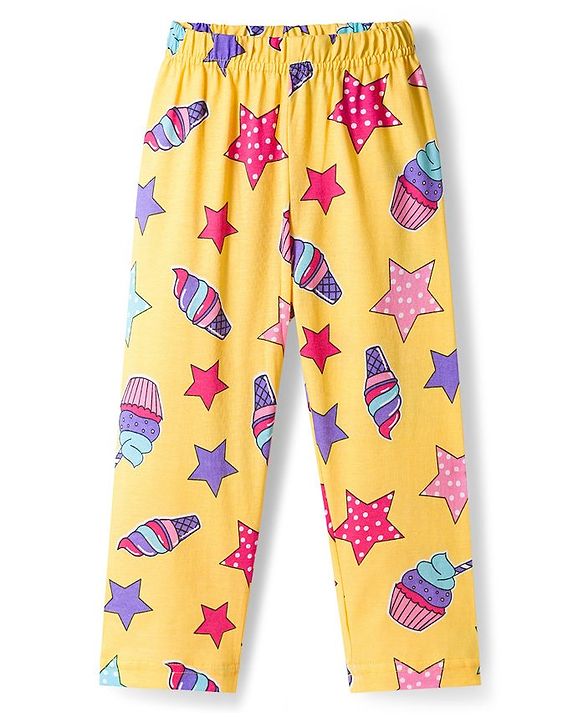 Babyhug Cotton Knit Full Sleeves Co-ords Night Suit With Star Print - Yellow