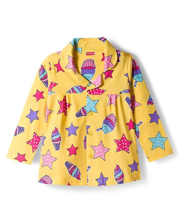 Babyhug Cotton Knit Full Sleeves Co-ords Night Suit With Star Print - Yellow