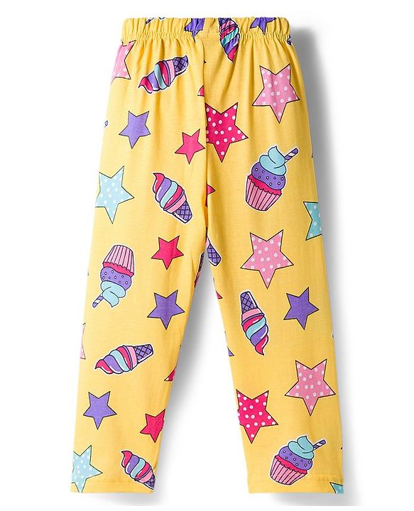Babyhug Cotton Knit Full Sleeves Co-ords Night Suit With Star Print - Yellow