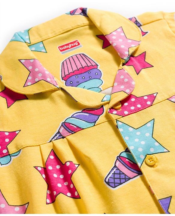 Babyhug Cotton Knit Full Sleeves Co-ords Night Suit With Star Print - Yellow