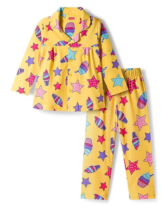 Babyhug Cotton Knit Full Sleeves Co-ords Night Suit With Star Print - Yellow