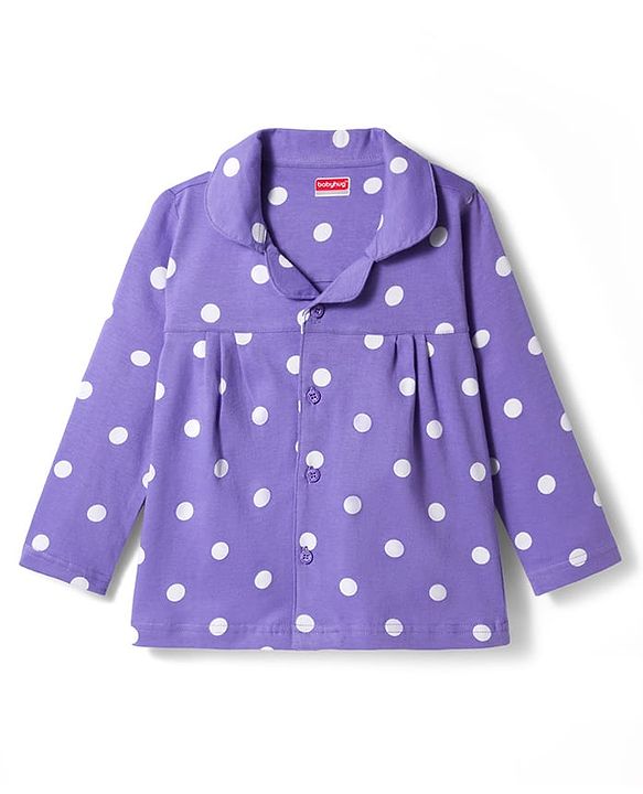 Babyhug Cotton Knit Full Sleeves Co-ords Front Open Night Suit with Polka Dot Print - Lilac