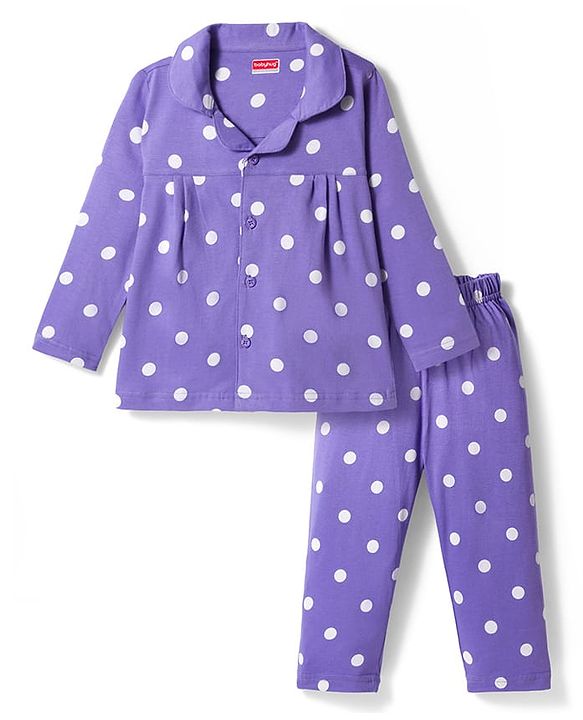 Babyhug Cotton Knit Full Sleeves Co-ords Front Open Night Suit with Polka Dot Print - Lilac