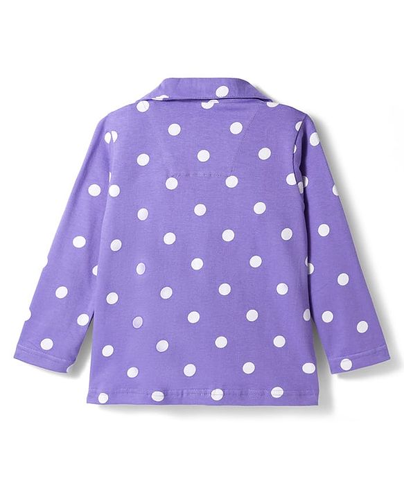 Babyhug Cotton Knit Full Sleeves Co-ords Front Open Night Suit with Polka Dot Print - Lilac