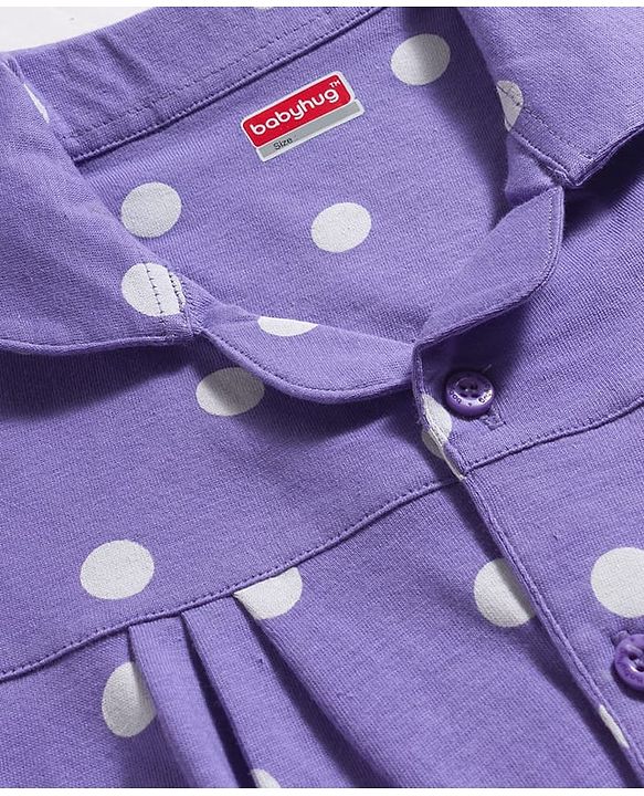 Babyhug Cotton Knit Full Sleeves Co-ords Front Open Night Suit with Polka Dot Print - Lilac