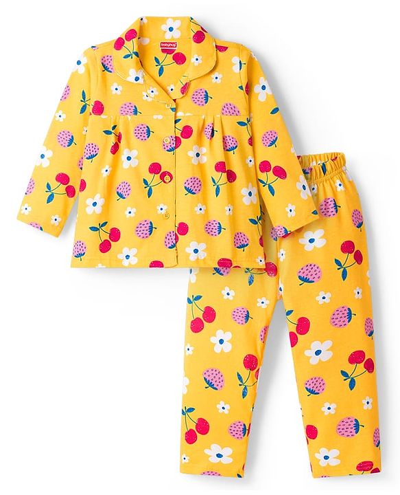 Babyhug Cotton Knit Full Sleeves Co-ords Night Suit With Floral Print - Yellow