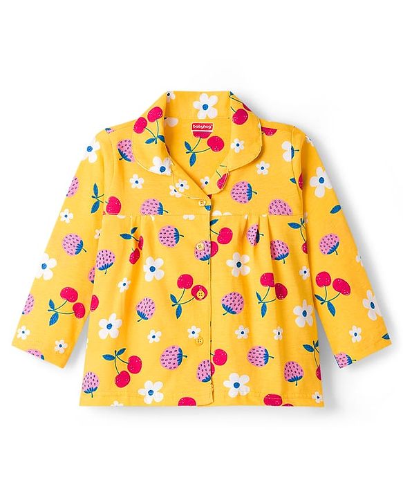 Babyhug Cotton Knit Full Sleeves Co-ords Night Suit With Floral Print - Yellow