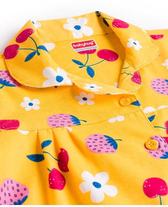 Babyhug Cotton Knit Full Sleeves Co-ords Night Suit With Floral Print - Yellow