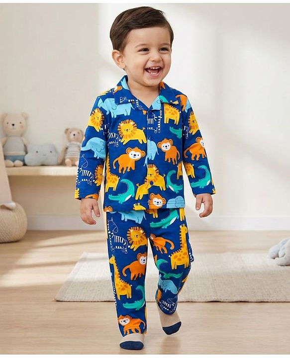 Babyhug Cotton Knit Full Sleeves Co-ords Night Suit With Animal Print - Navy Blue
