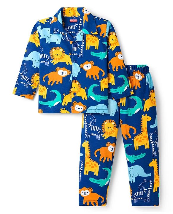 Babyhug Cotton Knit Full Sleeves Co-ords Night Suit With Animal Print - Navy Blue