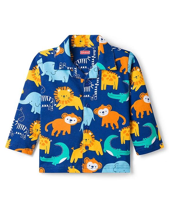 Babyhug Cotton Knit Full Sleeves Co-ords Night Suit With Animal Print - Navy Blue