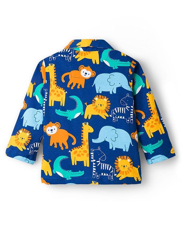 Babyhug Cotton Knit Full Sleeves Co-ords Night Suit With Animal Print - Navy Blue