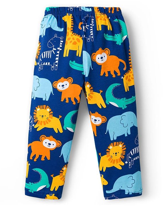Babyhug Cotton Knit Full Sleeves Co-ords Night Suit With Animal Print - Navy Blue